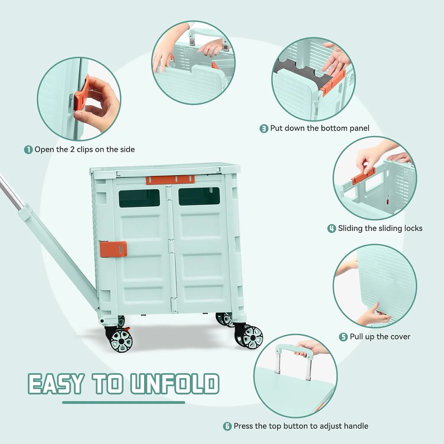 Foldable Utility Cart Collapsible Portable Crate Rolling Carts with Magnetic Lid Telescopic Handle Wear-Resistant 360°Rotate Noiseless Swivel Wheel for Shopping Moving Storage Luggage Office(Green)