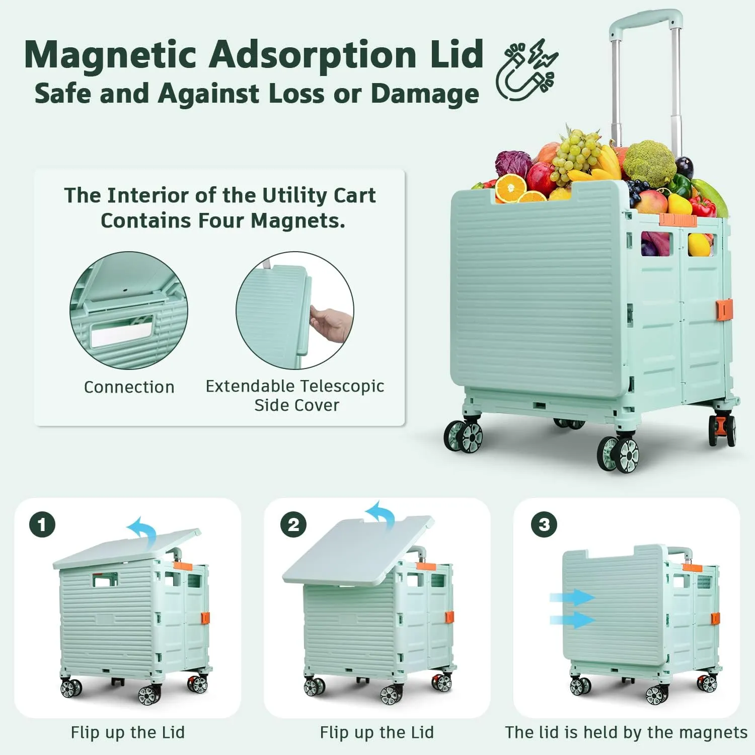 Foldable Utility Cart Collapsible Portable Crate Rolling Carts with Magnetic Lid Telescopic Handle Wear-Resistant 360°Rotate Noiseless Swivel Wheel for Shopping Moving Storage Luggage Office(Green)