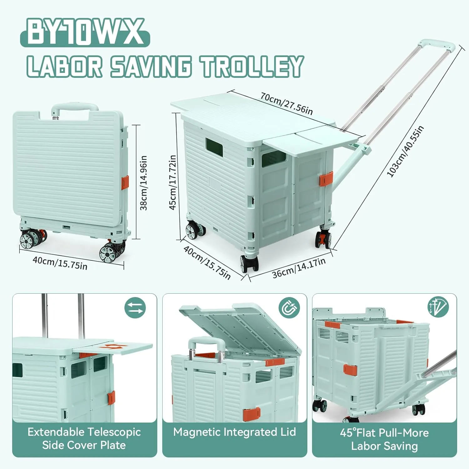 Foldable Utility Cart Collapsible Portable Crate Rolling Carts with Magnetic Lid Telescopic Handle Wear-Resistant 360°Rotate Noiseless Swivel Wheel for Shopping Moving Storage Luggage Office(Green)