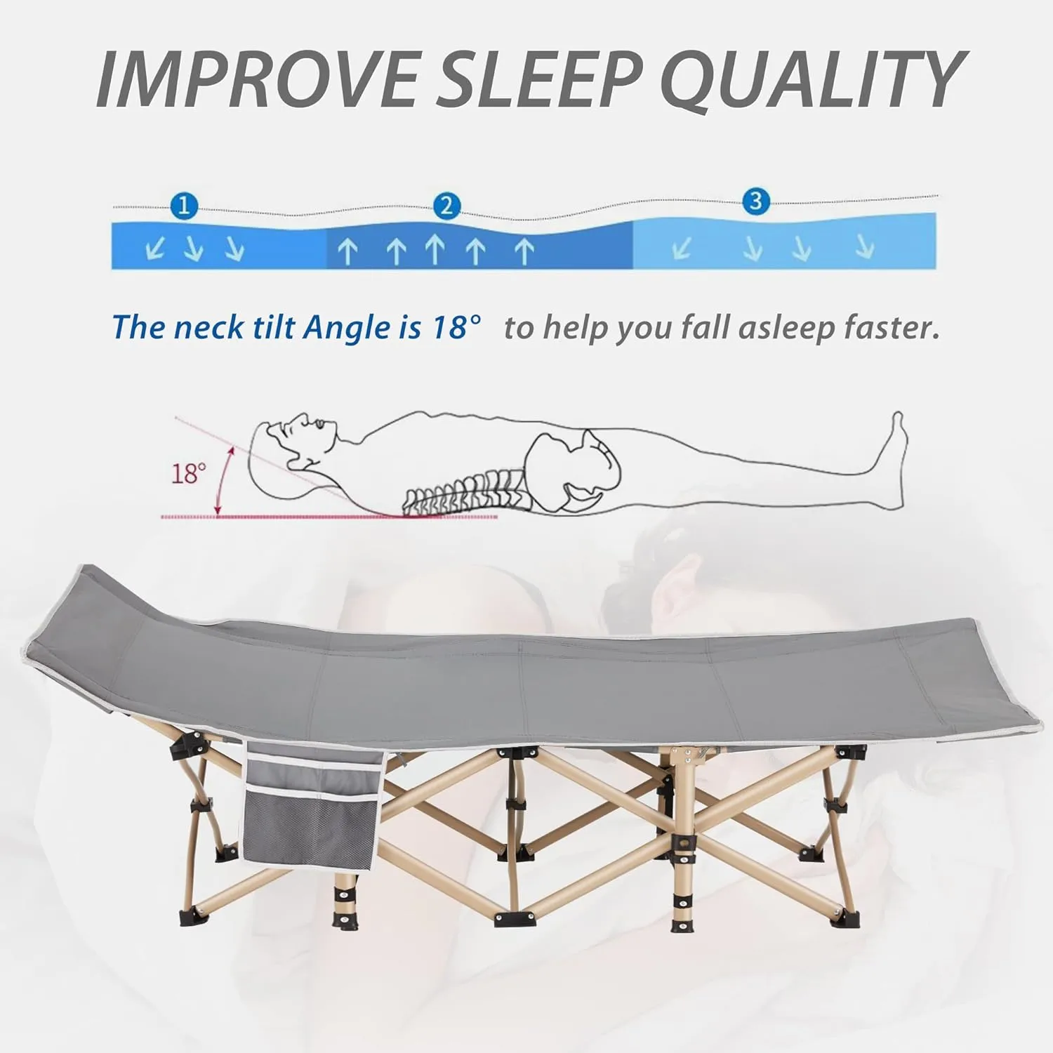Folding Camping Cot for Sleeping, Portable Cots for Adults, Heavy Duty Cot Bed 550LBS(Max Load), Extra Wider Cots with Large Pocket for Outdoor, Office, Beach