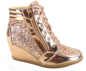 Forever Link Peggy-44 Women's Fashion Glitter High Top Lace Up Wedge Sneaker Shoes (5 B(M) US, Rose Gold)