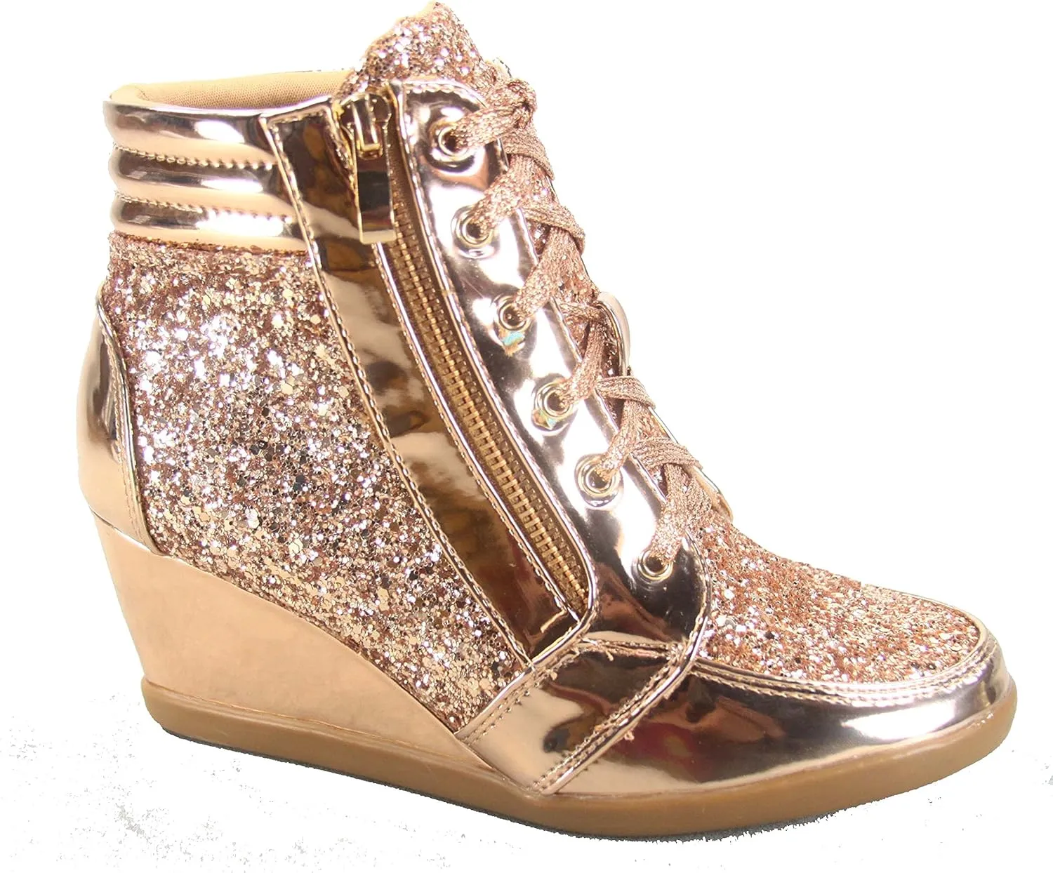 Forever Link Peggy-44 Women's Fashion Glitter High Top Lace Up Wedge Sneaker Shoes (5 B(M) US, Rose Gold)