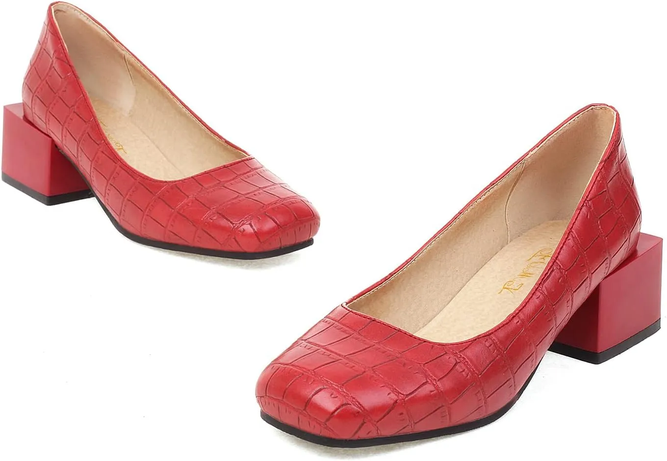 FOWT Women's Crocodile Pattern Square Toe Mid Block Heel 2 in Pumps Casual Slip on Chunky Heel Daily Walking Party Traveling Dress Shoes, Yellow US Size 4-15 M