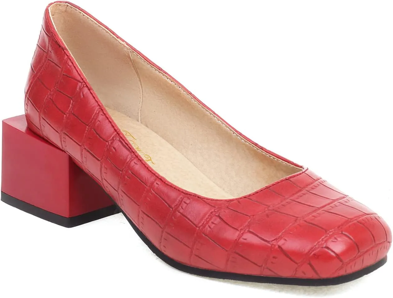 FOWT Women's Crocodile Pattern Square Toe Mid Block Heel 2 in Pumps Casual Slip on Chunky Heel Daily Walking Party Traveling Dress Shoes, Yellow US Size 4-15 M
