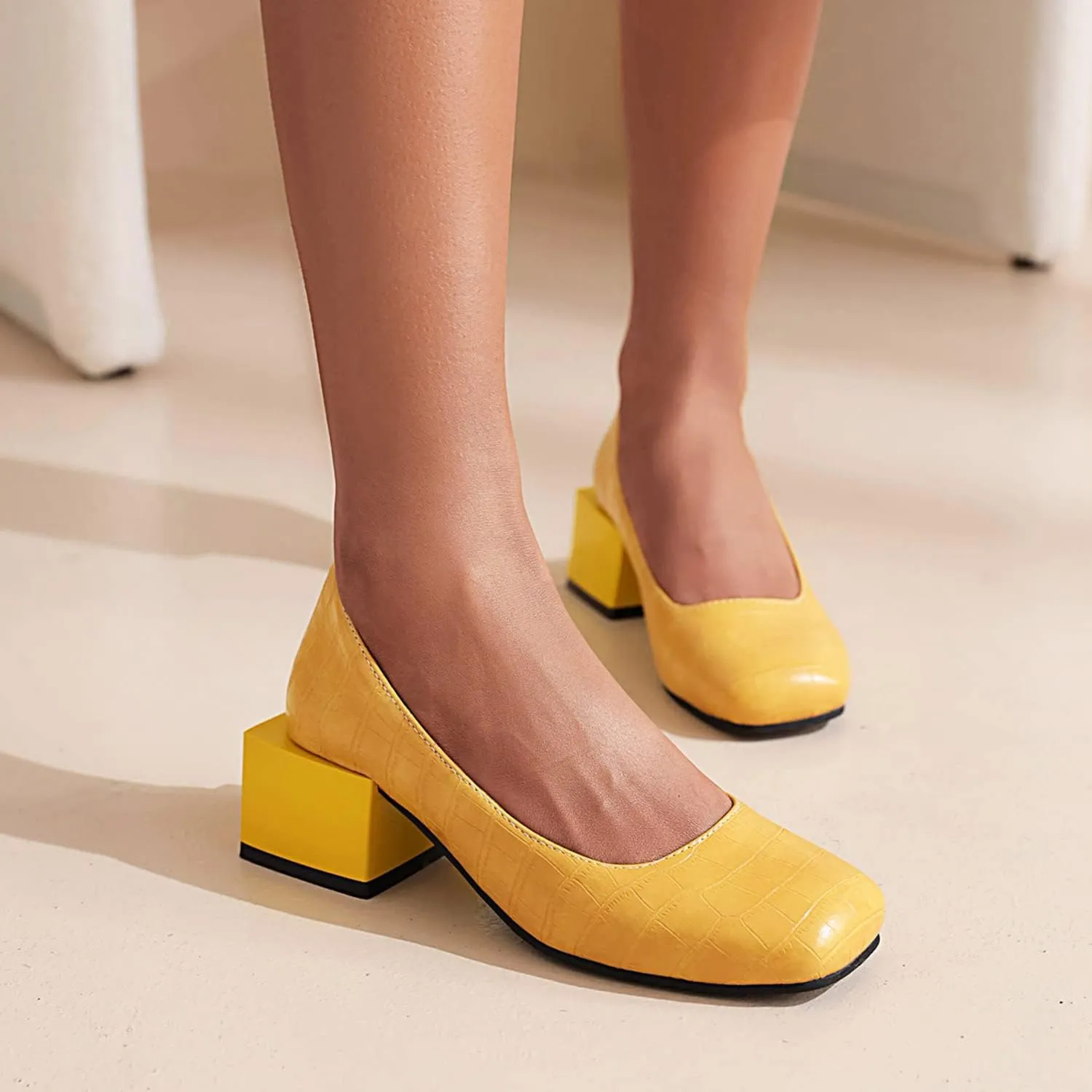 FOWT Women's Crocodile Pattern Square Toe Mid Block Heel 2 in Pumps Casual Slip on Chunky Heel Daily Walking Party Traveling Dress Shoes, Yellow US Size 4-15 M