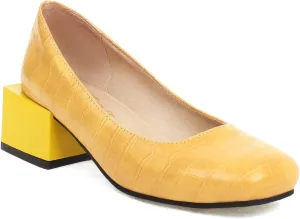 FOWT Women's Crocodile Pattern Square Toe Mid Block Heel 2 in Pumps Casual Slip on Chunky Heel Daily Walking Party Traveling Dress Shoes, Yellow US Size 4-15 M