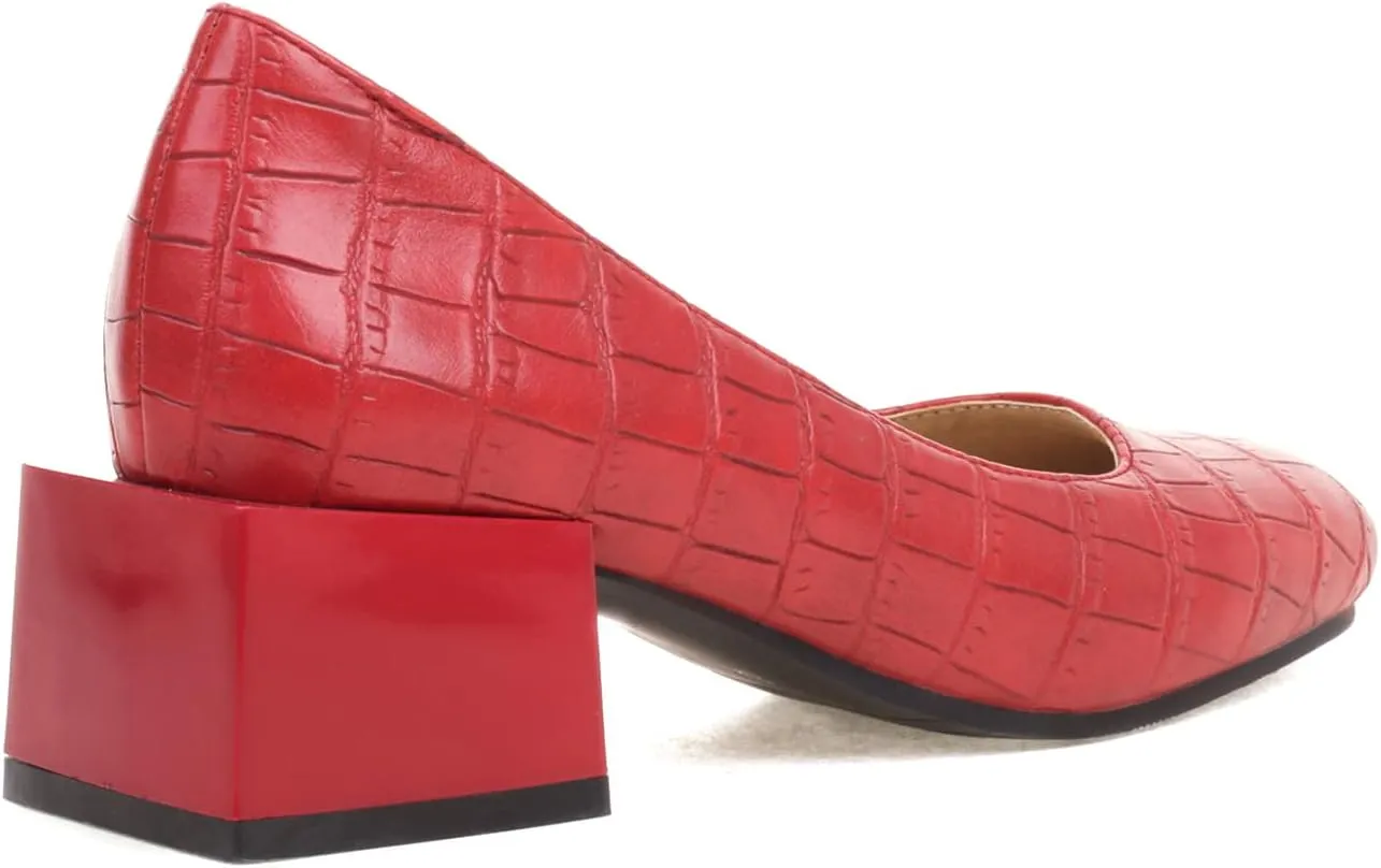 FOWT Women's Crocodile Pattern Square Toe Mid Block Heel 2 in Pumps Casual Slip on Chunky Heel Daily Walking Party Traveling Dress Shoes, Yellow US Size 4-15 M