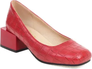 FOWT Women's Crocodile Pattern Square Toe Mid Block Heel 2 in Pumps Casual Slip on Chunky Heel Daily Walking Party Traveling Dress Shoes, Yellow US Size 4-15 M