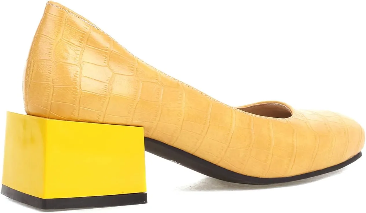 FOWT Women's Crocodile Pattern Square Toe Mid Block Heel 2 in Pumps Casual Slip on Chunky Heel Daily Walking Party Traveling Dress Shoes, Yellow US Size 4-15 M