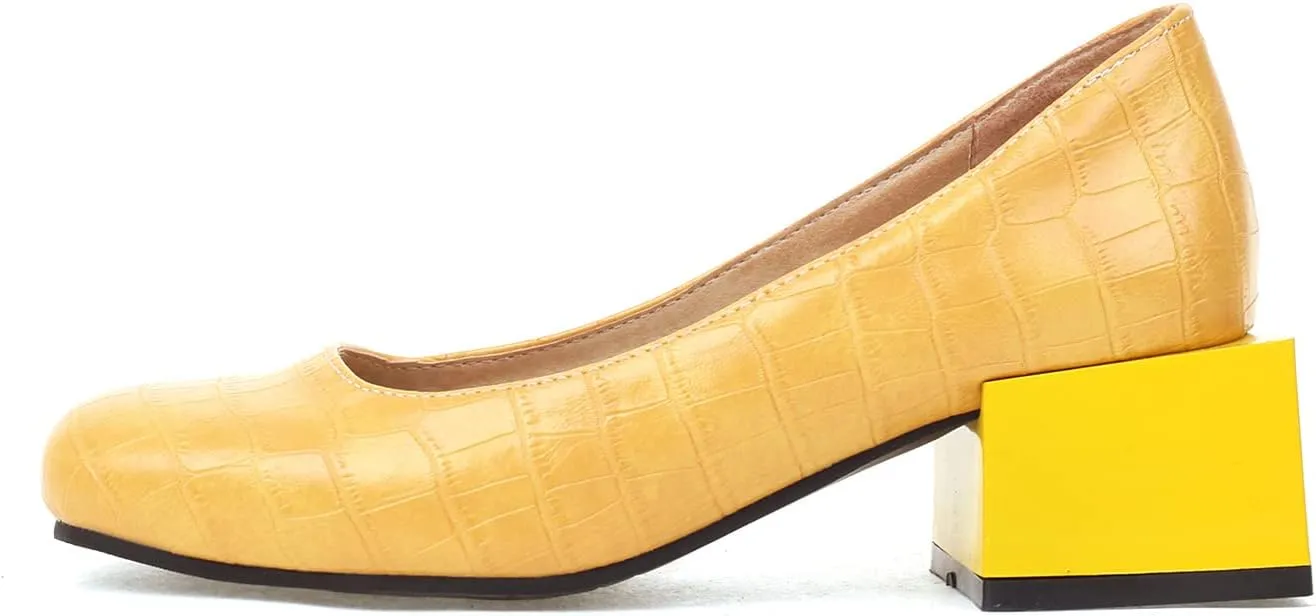FOWT Women's Crocodile Pattern Square Toe Mid Block Heel 2 in Pumps Casual Slip on Chunky Heel Daily Walking Party Traveling Dress Shoes, Yellow US Size 4-15 M