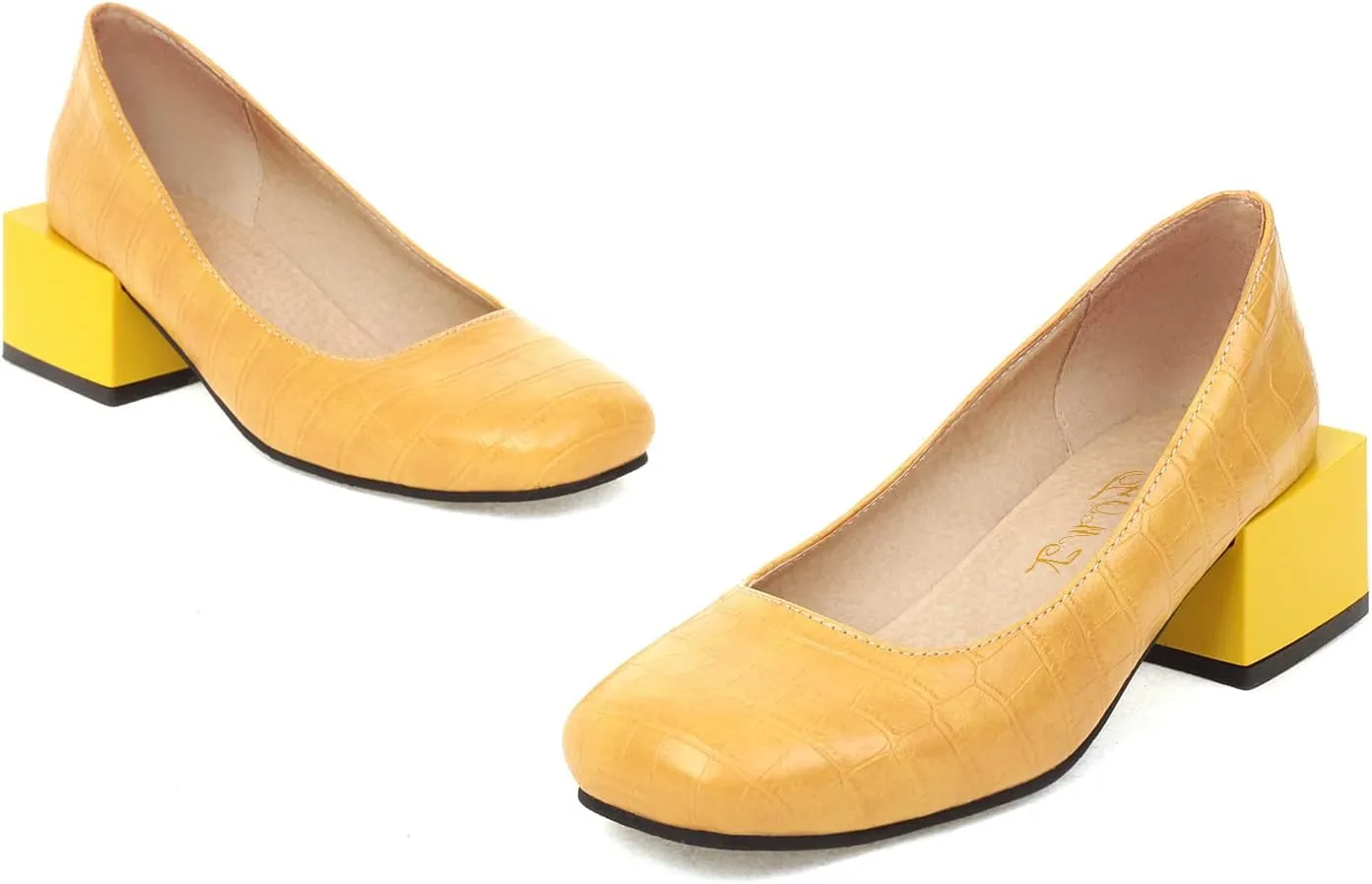 FOWT Women's Crocodile Pattern Square Toe Mid Block Heel 2 in Pumps Casual Slip on Chunky Heel Daily Walking Party Traveling Dress Shoes, Yellow US Size 4-15 M