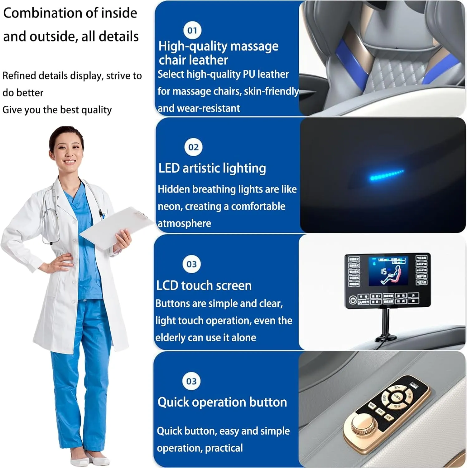 Full Body Massage Chair,Three Rows of Rollers On The Sole Spine Protection Mode High-Resilience Memory Foam Cushion Space-Saving