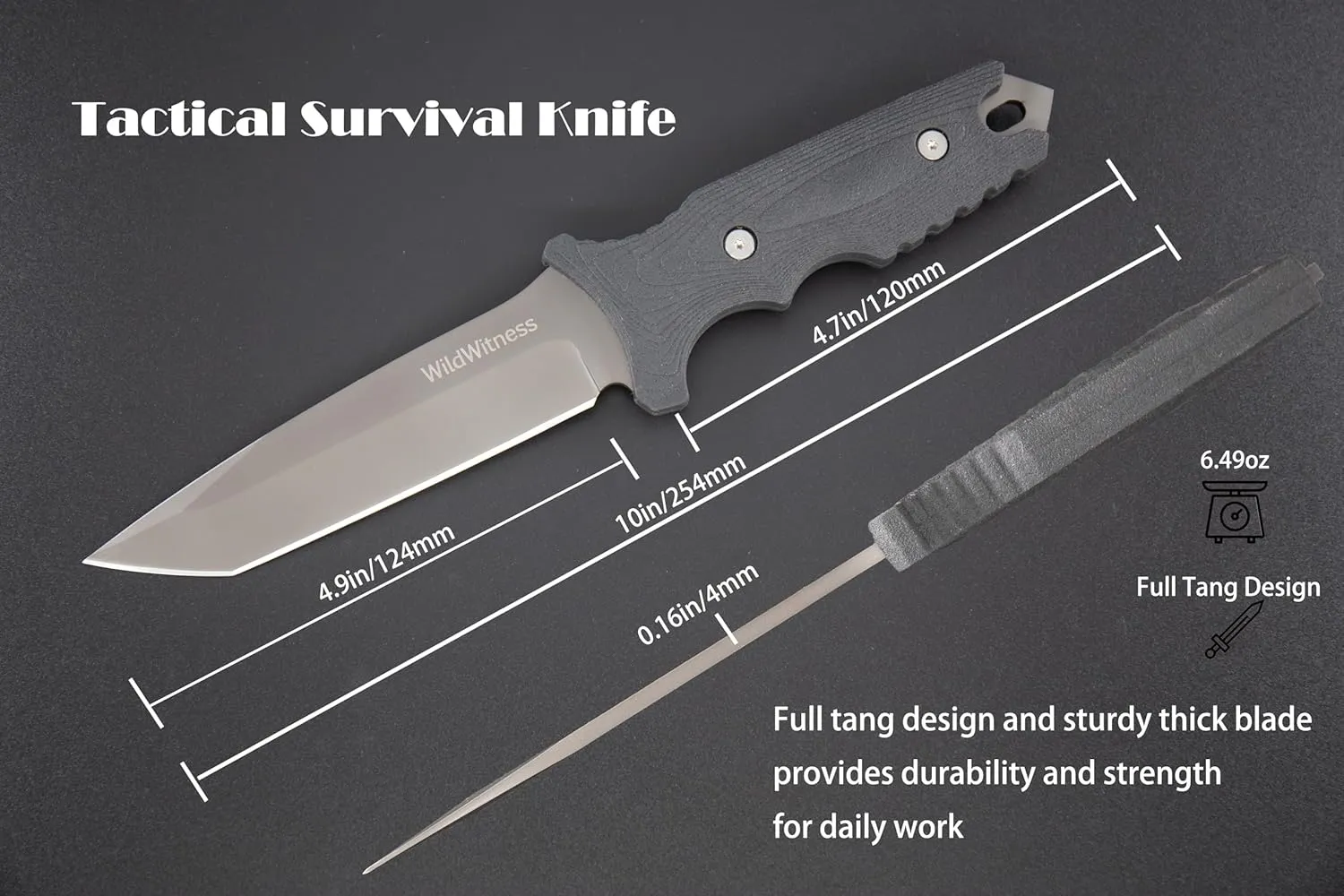 Full Tang Fixed Blade Tactical Knife, Made of 440C Stainless Stell And Rubber Glass Fiber Anti-skidding Handle for Outdoor, Tactical, Survival, Hunting, Camping (Black)