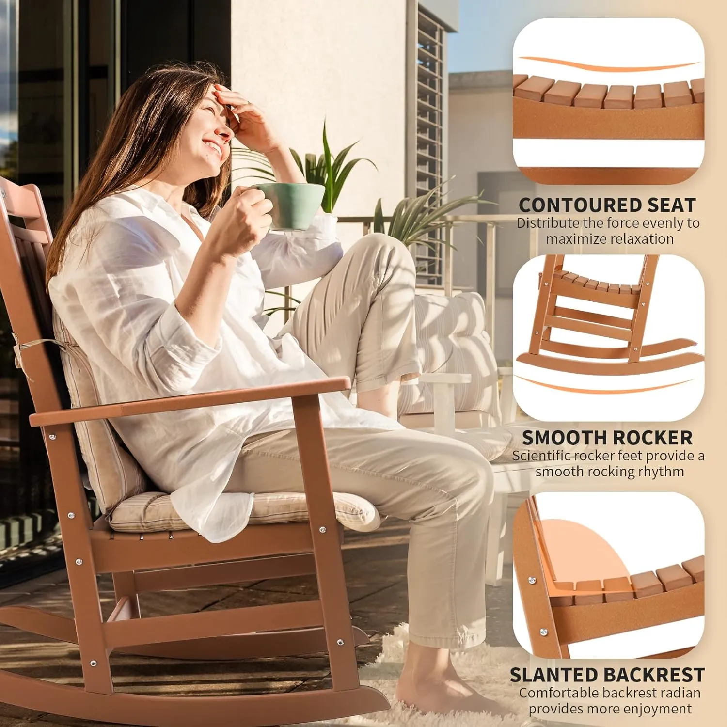 FUNBERRY Outdoor Rocking Chairs, HDPE All Weather Poly Lumber Rocker, High Back Patio Rockers Easy Assembly