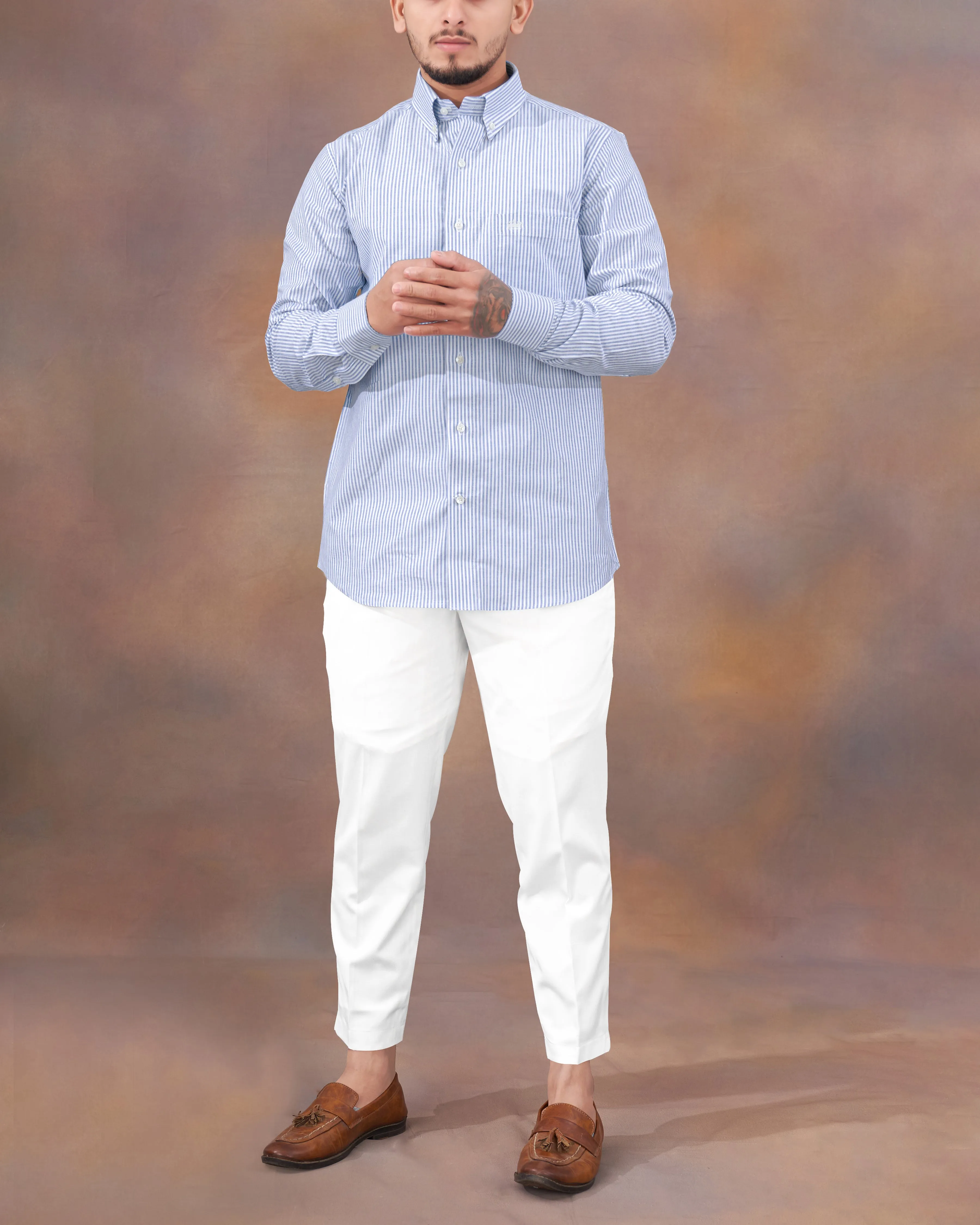 Glaucous Blue and White Pinstriped Royal Oxford Shirt