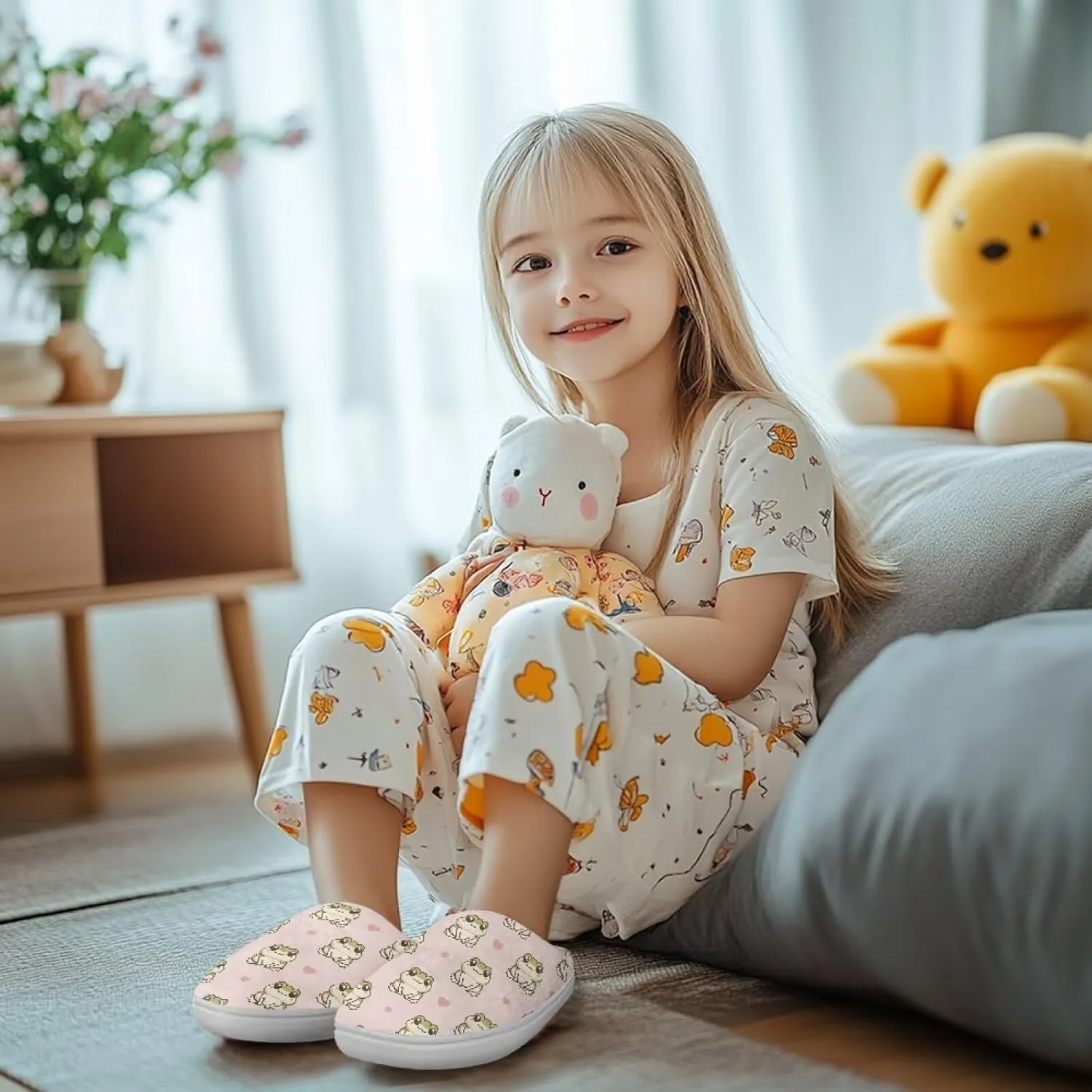 GOSTONG Unisex Kids Slippers Casual Home Slippers Warm Fuzzy Winter Slippers Non Slip Soft Walking Shoes White Sole US 9-16