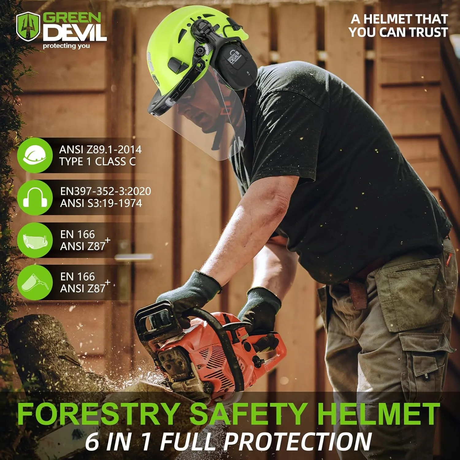 GREEN DEVIL Forestry Chainsaw Safety Helmet with Bluetooth Ear Muffs Arborist Helmet Hard Hat with Built-in Visor Face Shield 5 in 1 System Logging Garden Work Hardhats for Men Women