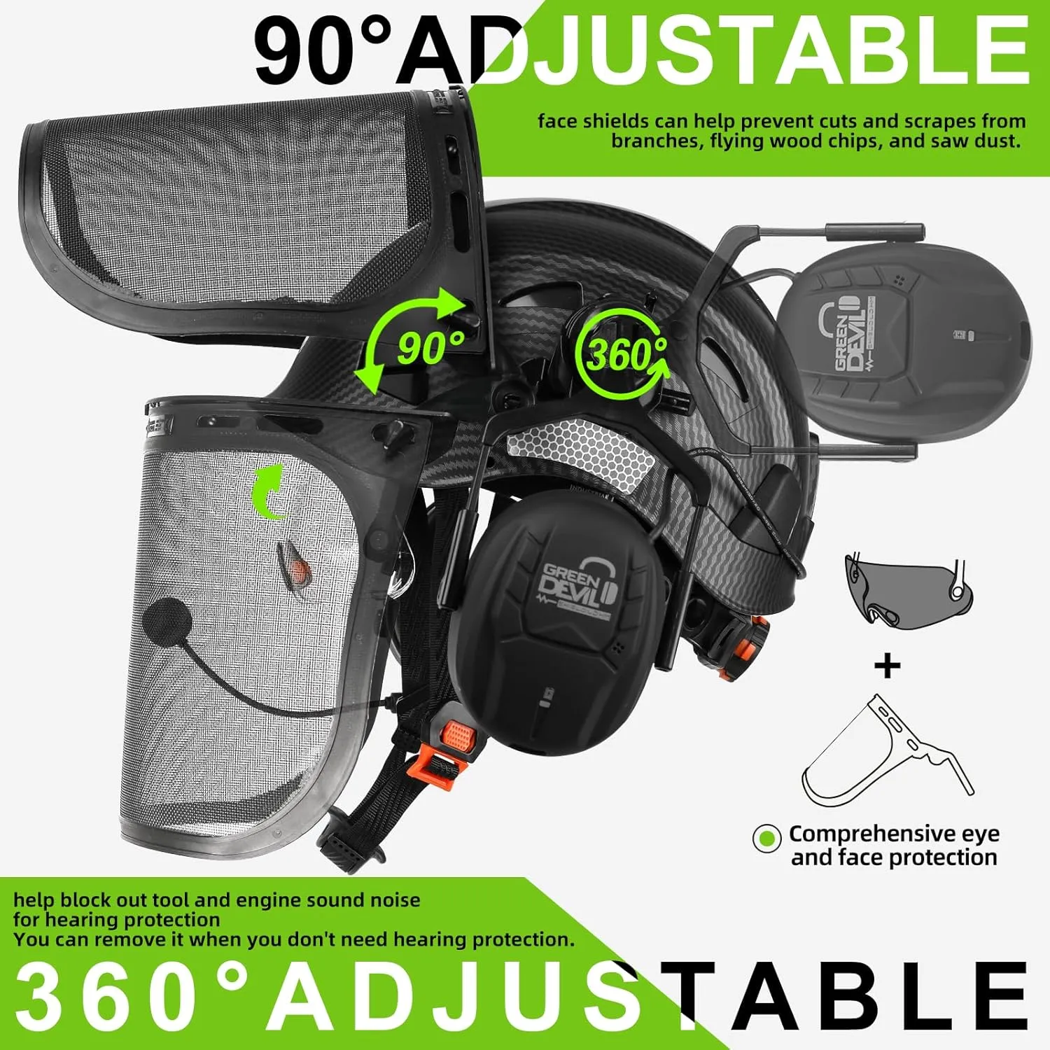 GREEN DEVIL Forestry Chainsaw Safety Helmet with Bluetooth Ear Muffs Arborist Helmet Hard Hat with Built-in Visor Face Shield 5 in 1 System Logging Garden Work Hardhats for Men Women