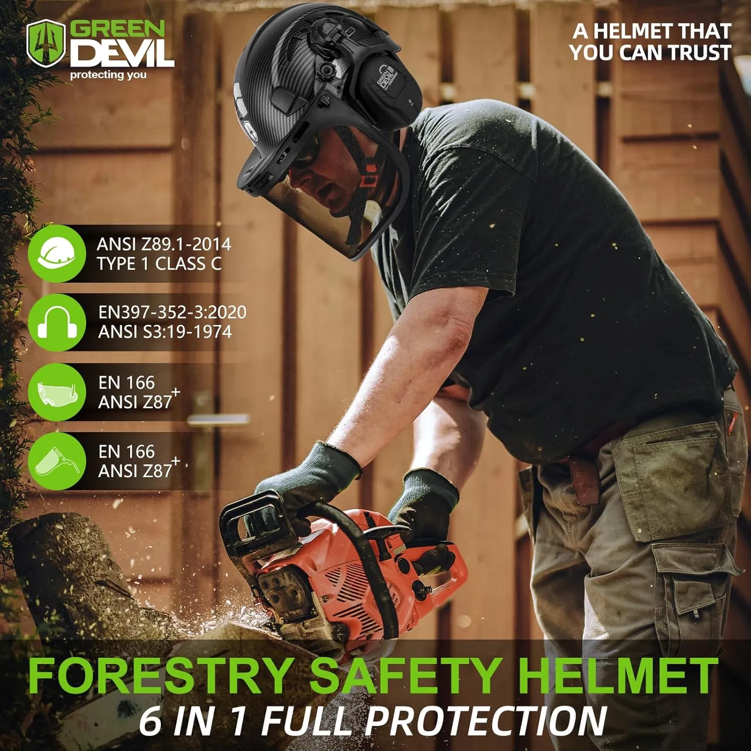 GREEN DEVIL Forestry Chainsaw Safety Helmet with Bluetooth Ear Muffs Arborist Helmet Hard Hat with Built-in Visor Face Shield 5 in 1 System Logging Garden Work Hardhats for Men Women