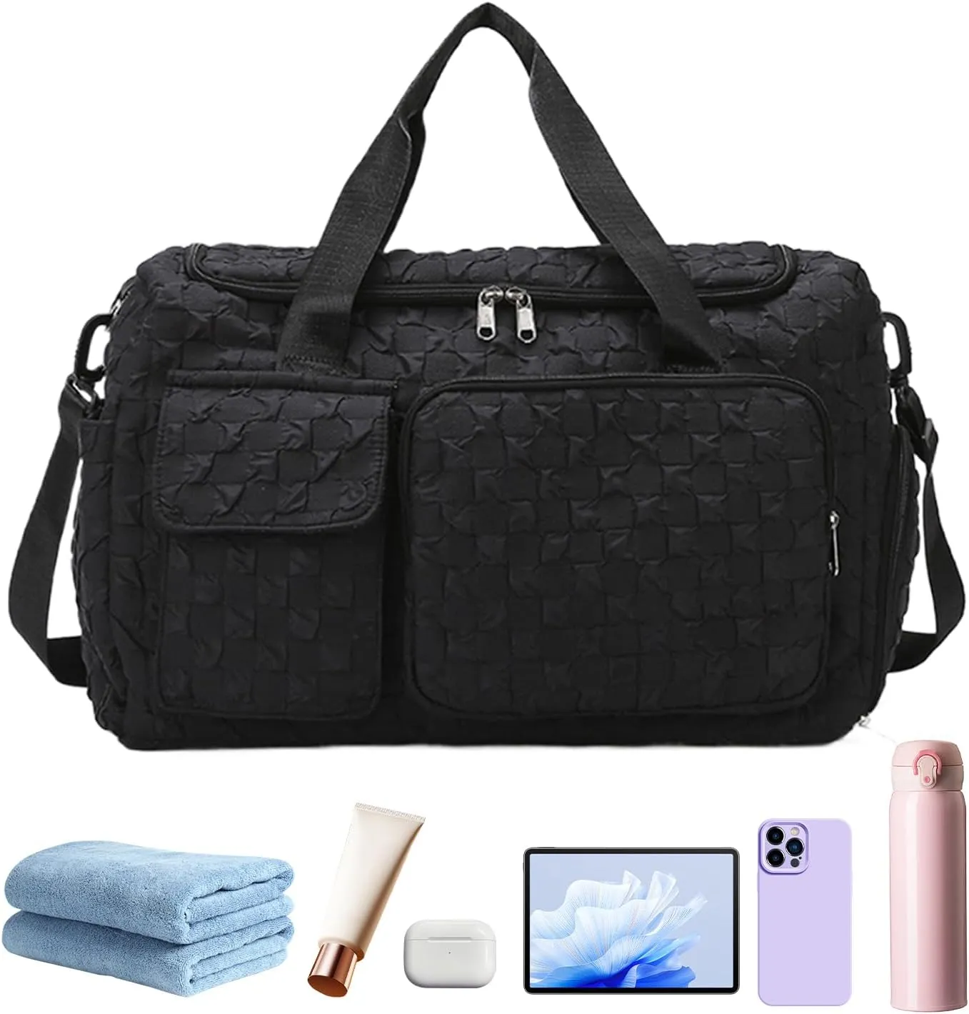 Gym Bag,Zippered Large Storage Trip Pouch - Waterproof Plaid Travel Bag with Shoe Compartment for Camping Swimming Beach Swim Pool Sports Gym