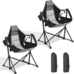 Hammock Chair Set of 2 with Adjustable Backrest, Foldable Swing Chair Outdoor with Headrest and Cup Holder, Stable Camping Chair with Padder Seat for Camping, Patio, Garden, and Indoors, Black