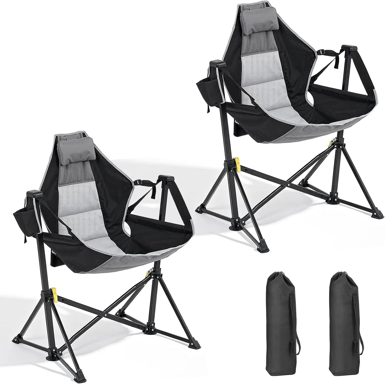 Hammock Chair Set of 2 with Adjustable Backrest, Foldable Swing Chair Outdoor with Headrest and Cup Holder, Stable Camping Chair with Padder Seat for Camping, Patio, Garden, and Indoors, Black