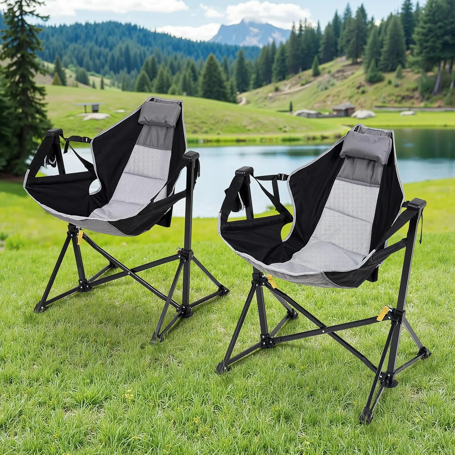 Hammock Chair Set of 2 with Adjustable Backrest, Foldable Swing Chair Outdoor with Headrest and Cup Holder, Stable Camping Chair with Padder Seat for Camping, Patio, Garden, and Indoors, Black