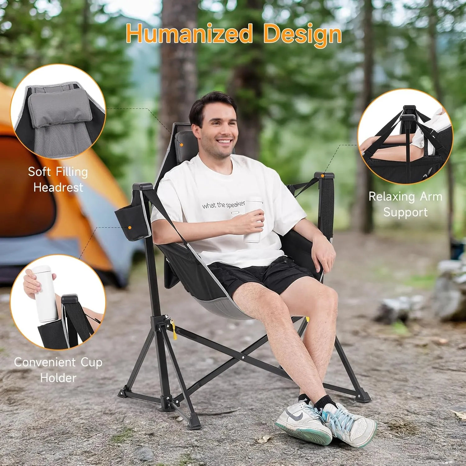 Hammock Chair Set of 2 with Adjustable Backrest, Foldable Swing Chair Outdoor with Headrest and Cup Holder, Stable Camping Chair with Padder Seat for Camping, Patio, Garden, and Indoors, Black