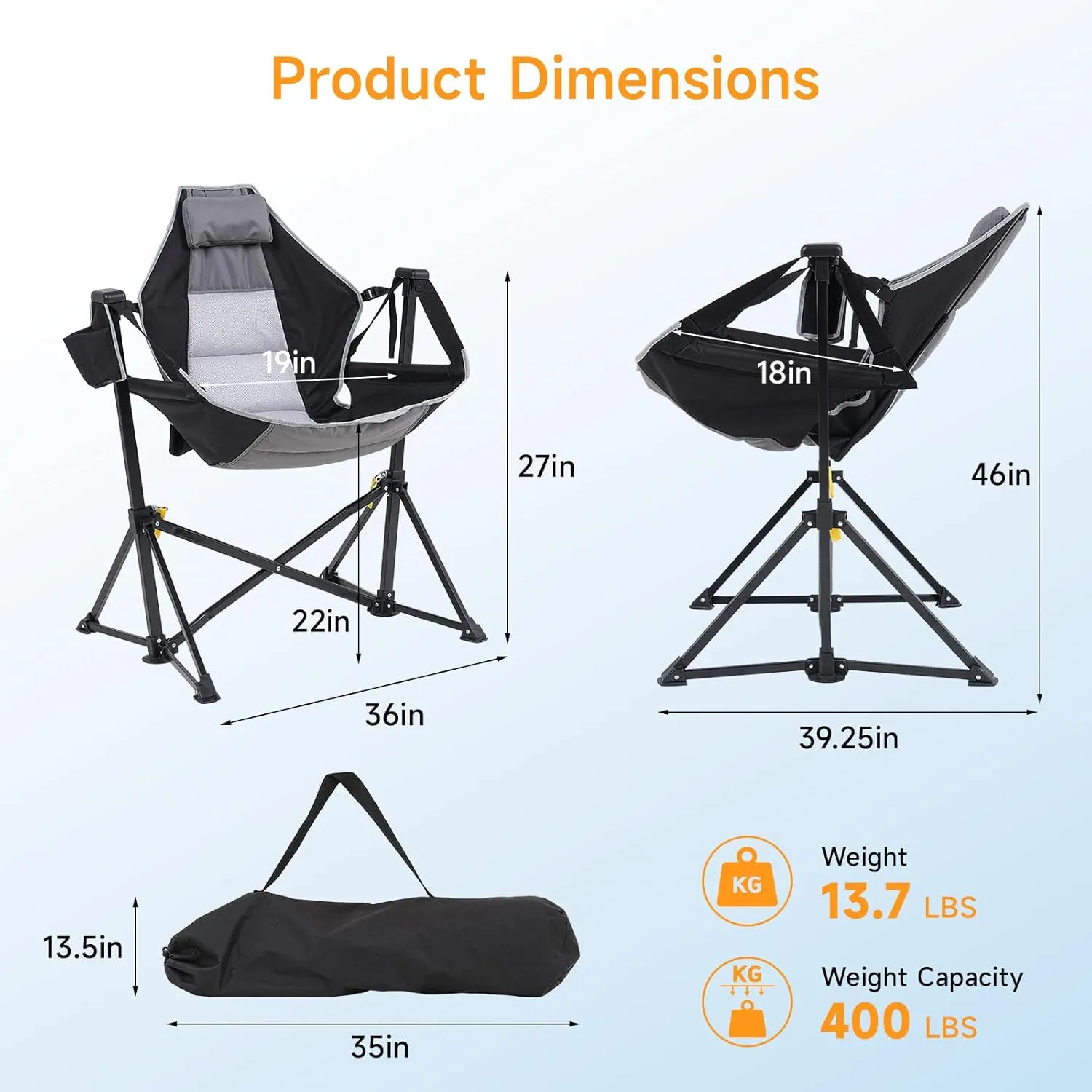 Hammock Chair Set of 2 with Adjustable Backrest, Foldable Swing Chair Outdoor with Headrest and Cup Holder, Stable Camping Chair with Padder Seat for Camping, Patio, Garden, and Indoors, Black