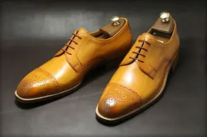 Handmade Tan Oxford Brogue Leather Dress Shoes