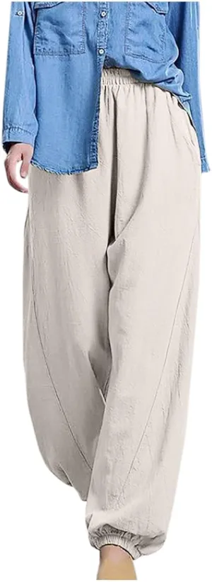 Harem Pants Women High Waisted Baggy Wide Leg Trousers Cotton Linen Palazzo Pants with Pockets Summer Outfits for Women