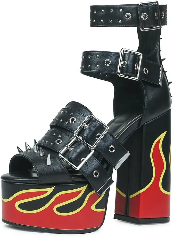 HiColor Women's Red Flames Printed Straps Open-toed Rivets Ankle Sandals.Platforms Thick-soled Bold High Heels Studs Sandals.