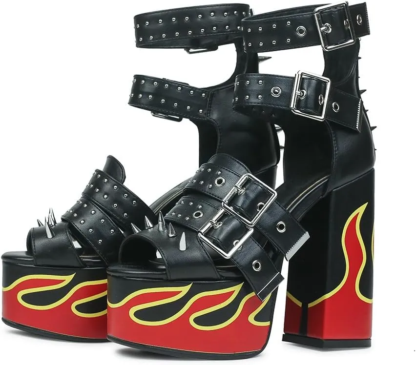 HiColor Women's Red Flames Printed Straps Open-toed Rivets Ankle Sandals.Platforms Thick-soled Bold High Heels Studs Sandals.