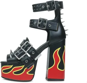 HiColor Women's Red Flames Printed Straps Open-toed Rivets Ankle Sandals.Platforms Thick-soled Bold High Heels Studs Sandals.