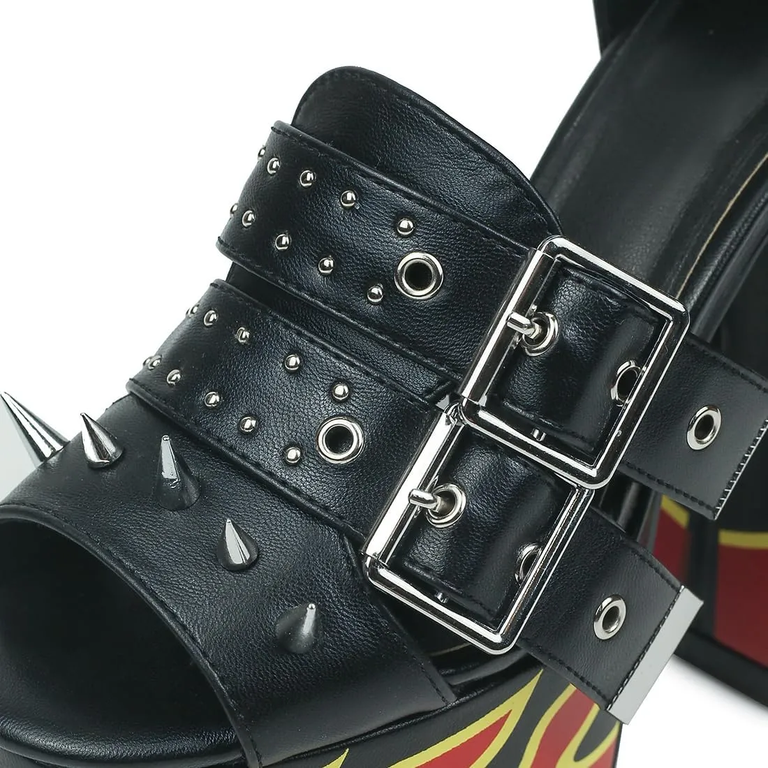 HiColor Women's Red Flames Printed Straps Open-toed Rivets Ankle Sandals.Platforms Thick-soled Bold High Heels Studs Sandals.