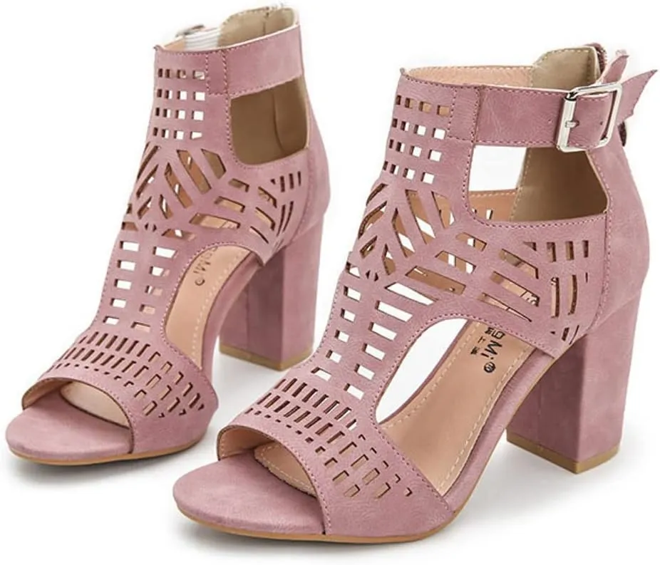HINDOLA Women's Sandals Summer Block Heels Buckle up Sandal Women Cut Out Peep Toe Zipper Block Heel High heel