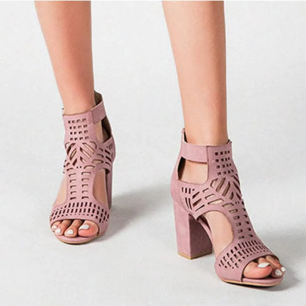 HINDOLA Women's Sandals Summer Block Heels Buckle up Sandal Women Cut Out Peep Toe Zipper Block Heel High heel
