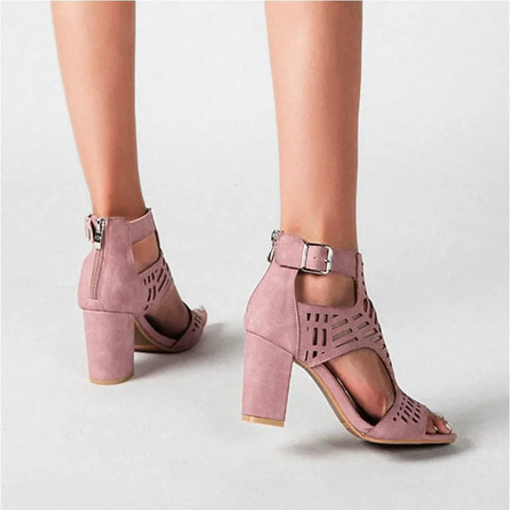 HINDOLA Women's Sandals Summer Block Heels Buckle up Sandal Women Cut Out Peep Toe Zipper Block Heel High heel