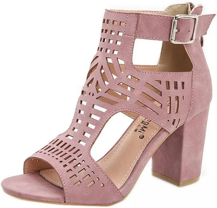 HINDOLA Women's Sandals Summer Block Heels Buckle up Sandal Women Cut Out Peep Toe Zipper Block Heel High heel