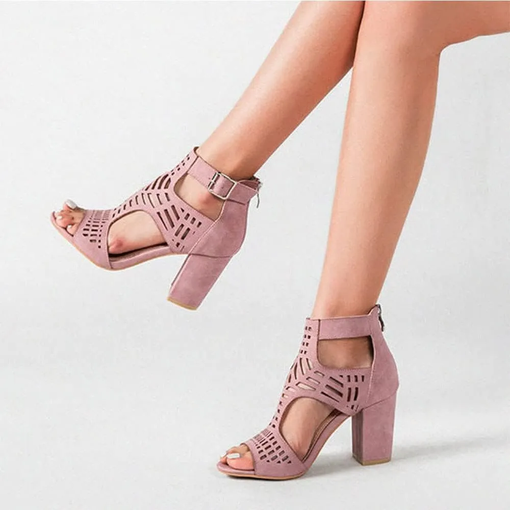 HINDOLA Women's Sandals Summer Block Heels Buckle up Sandal Women Cut Out Peep Toe Zipper Block Heel High heel