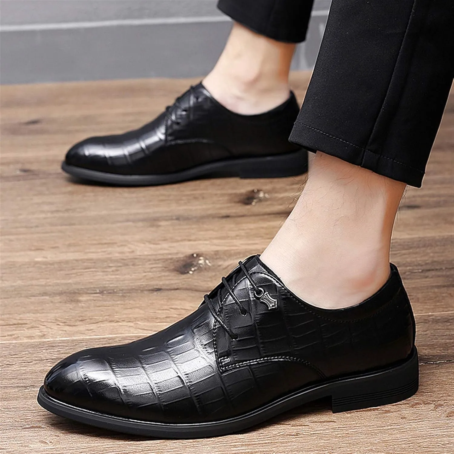 HOOENG Dress Oxford Formal Shoes for Men Lace Up Round Burnish Toe Crocodile Embossed Vegan Leather Rubber Sole Low Top Non Slip Anti-Slip Party