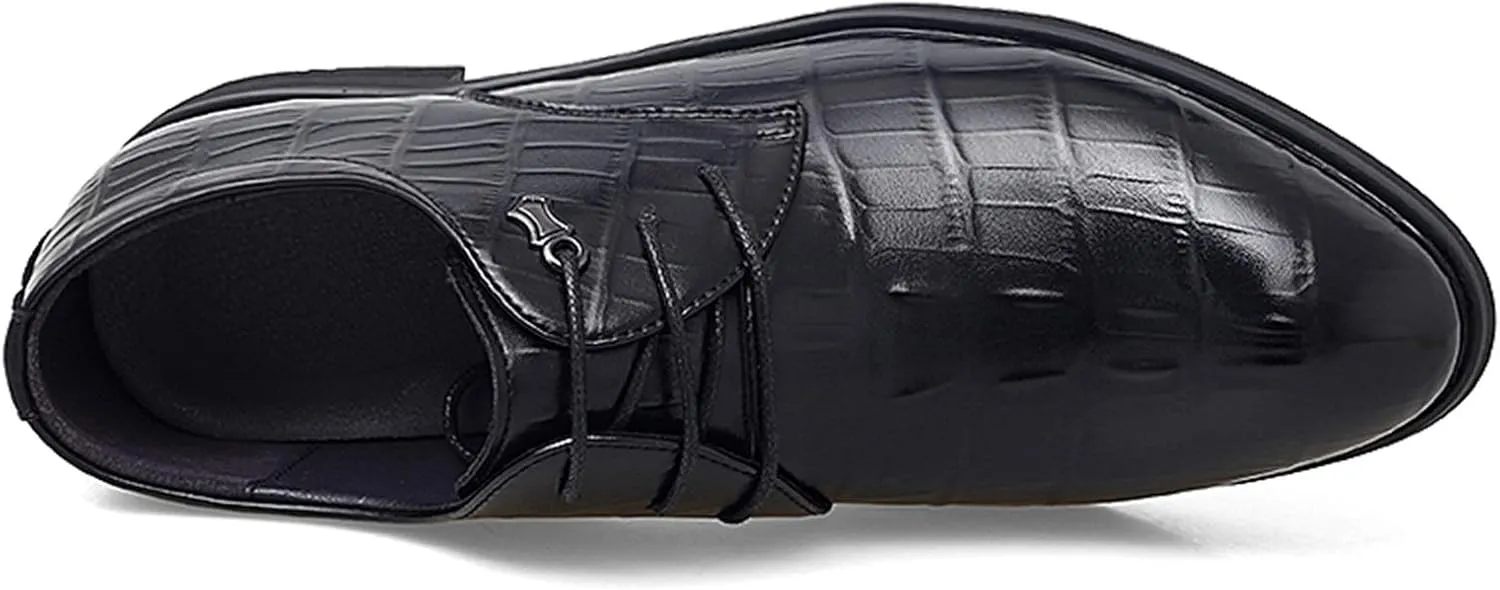 HOOENG Dress Oxford Formal Shoes for Men Lace Up Round Burnish Toe Crocodile Embossed Vegan Leather Rubber Sole Low Top Non Slip Anti-Slip Party