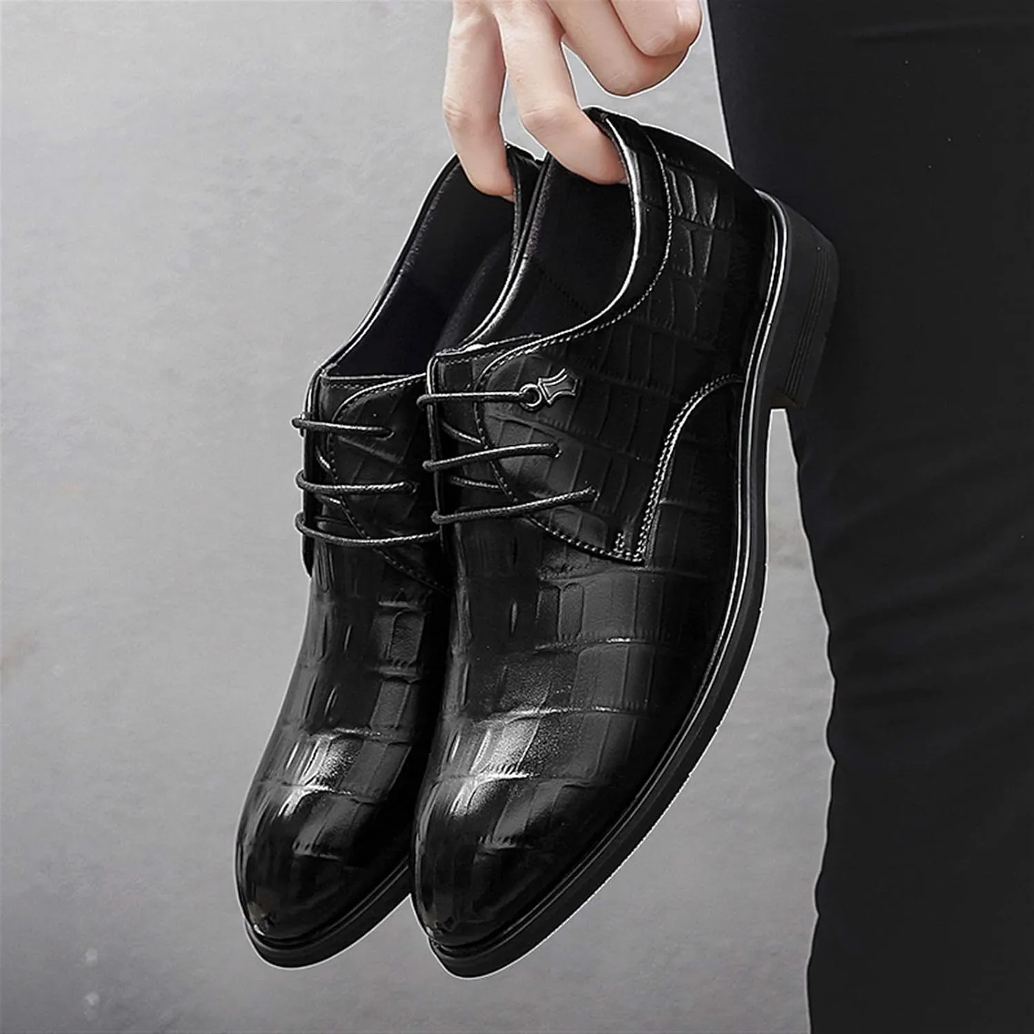 HOOENG Dress Oxford Formal Shoes for Men Lace Up Round Burnish Toe Crocodile Embossed Vegan Leather Rubber Sole Low Top Non Slip Anti-Slip Party