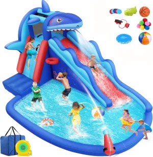 Inflatable Water Slide, 8 in 1 Shark Inflatable Water Park with Climbing, Basketball Rim, Splash Pool, Water Cannon, Blow up Water Slides for Kids Backyard (12 FT)