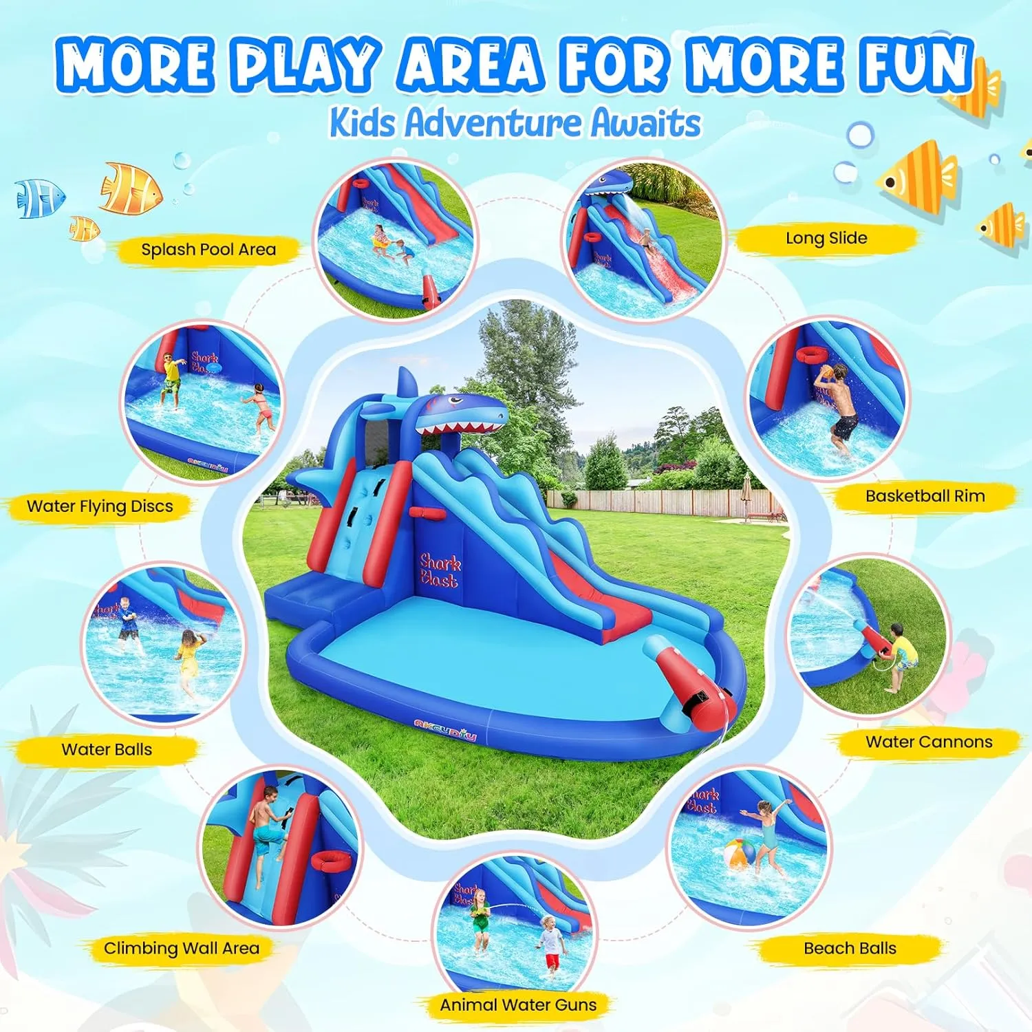 Inflatable Water Slide, 8 in 1 Shark Inflatable Water Park with Climbing, Basketball Rim, Splash Pool, Water Cannon, Blow up Water Slides for Kids Backyard (12 FT)