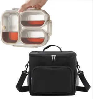 Insulated Lunch Bag and Lunch Box Set for Adults/Men/Women - 10L Thermal, Leak-Proof Oxford Fabric Lunch Bag for Work/Picnic/Travel (Black), Stainless Steel Bento Box, Leakproof, Microwave