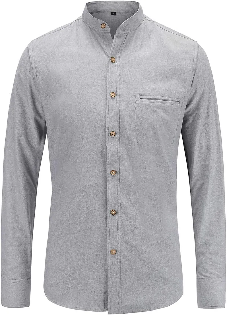 Jandukar Banded Collar Dress Shirts for Men Long Sleeve Oxford Button Down Mandarin Collar Shirt