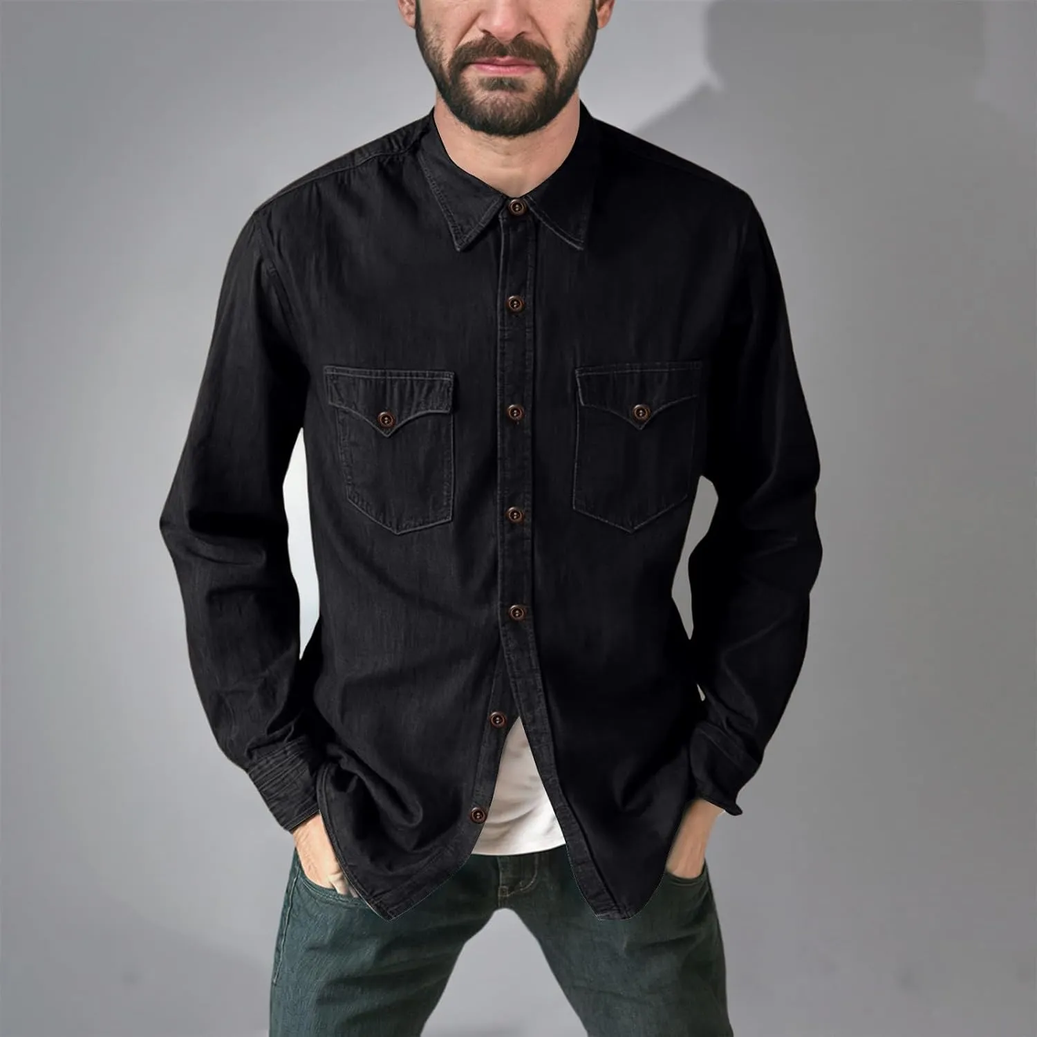 Jean Shirt for Men Long Sleeve Denim Cowboy Button Up Casual Pocket Big and Tall Summer Collared Shirt Holiday Stylish Shirts