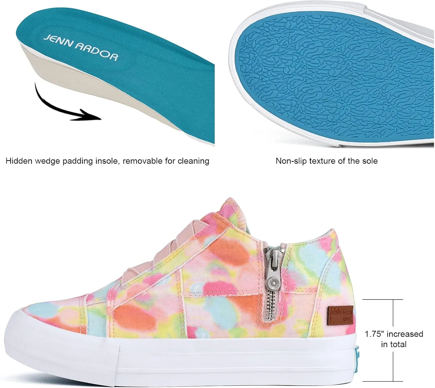 JENN ARDOR Wedge Sneakers for Women Fashion Canvas Shoes Casual Platform Hidden Heel Womens Slip On Sneaker Non Slip Side Zipper