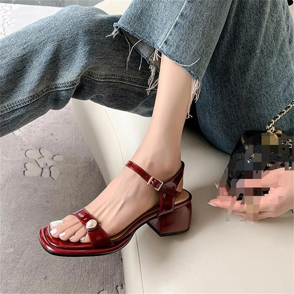 JSEIAJB Thick Mid Heel Round Toe Lacquer Leather Line Strap Sandals Pearl Inner And Outer Full Leather